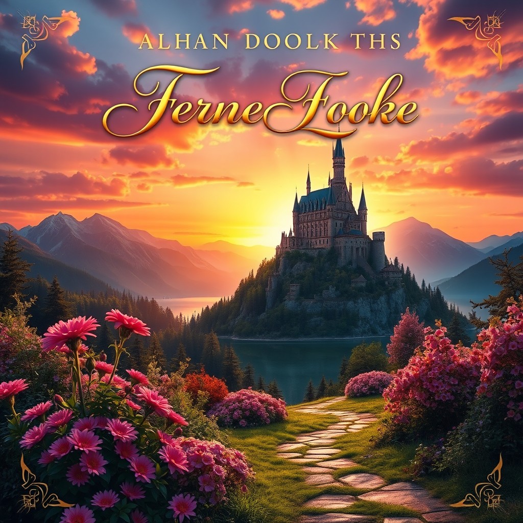 A stunning book cover design featuring an enchanting fantasy landscape at sunset, with a majestic castle perched on a mountainside surrounded by mystical forests