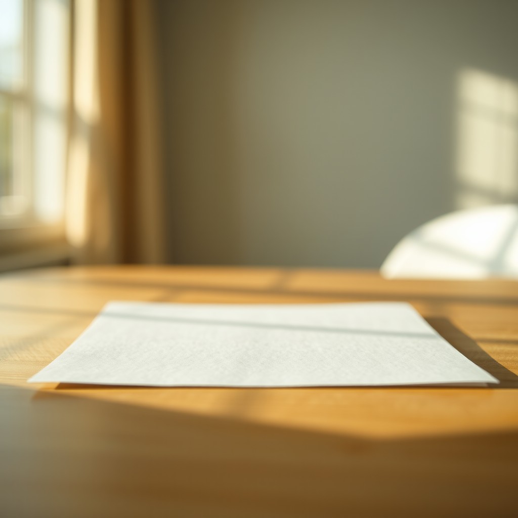 A close-up image of a blank piece of paper on a wooden table, with soft natural lighting illuminating the texture of the paper, showcasing fine details of the fibers and surface