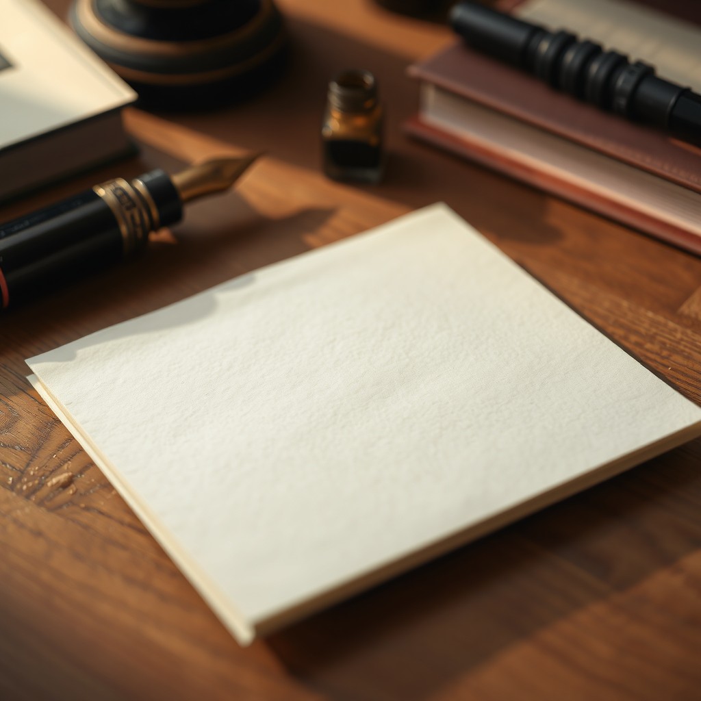 A close-up of a blank note paper resting on a wooden desk, the texture of the paper is slightly rough with soft lighting creating gentle shadows