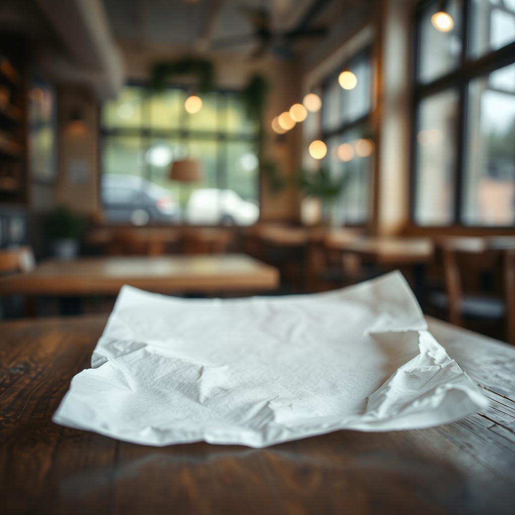 A close-up view of a blank piece of crumpled white paper on a rustic wooden table