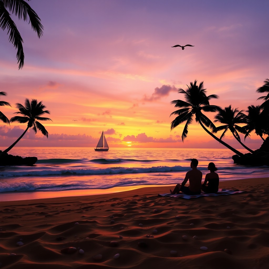 A tranquil beach scene at sunset with soft waves lapping against the shore