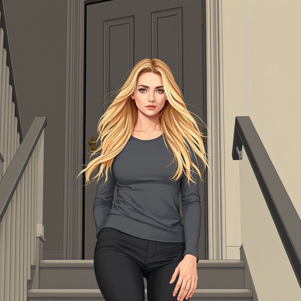 A young woman with long, flowing blonde hair wearing a stylish gray top, elegantly depicted as she comes down a set of stairs