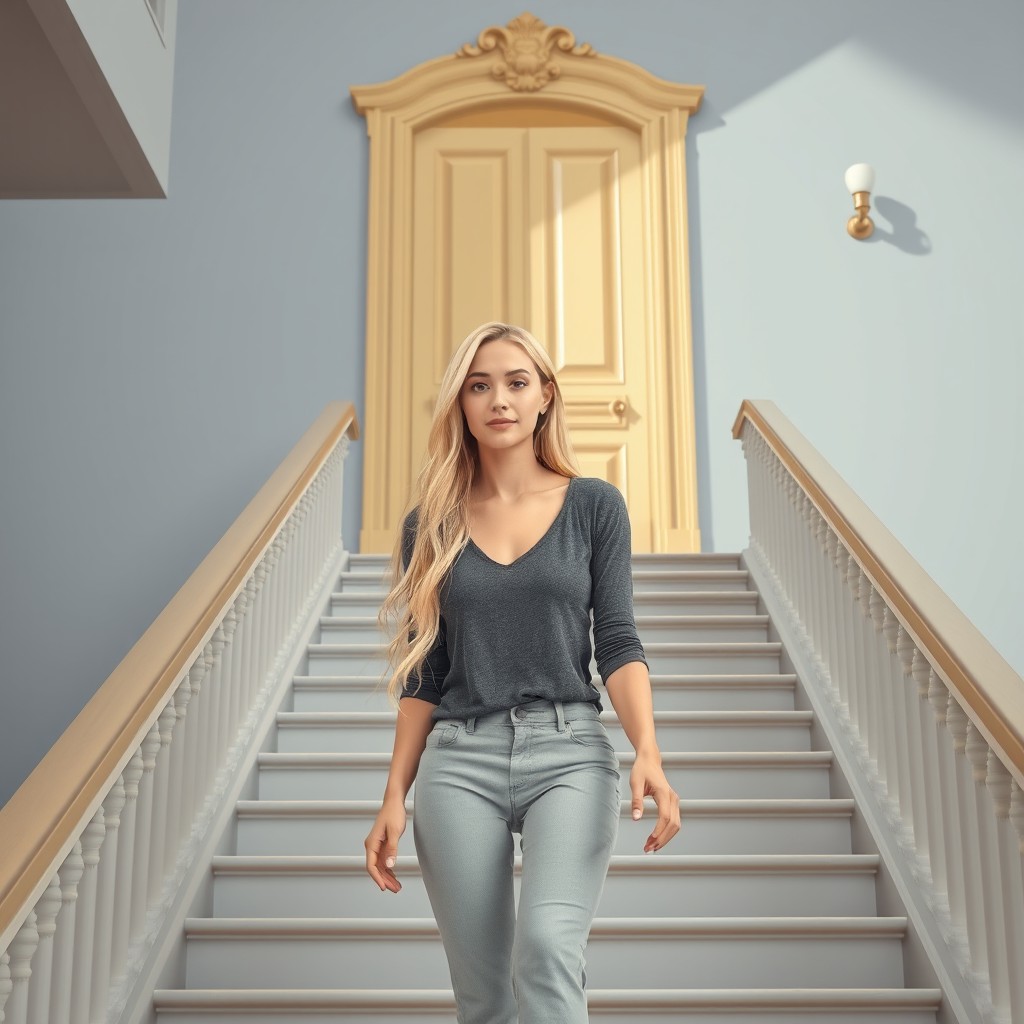 A young woman with long blonde hair wearing a stylish gray top, gracefully coming down a set of elegant stairs