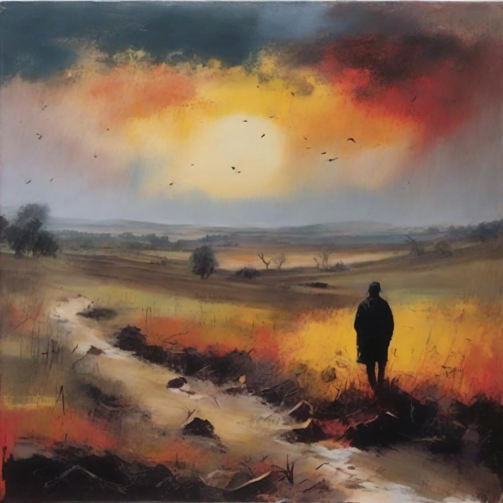 A profound interpretation of despair and hope. Depict a desolate landscape gradually transforming into a vibrant, life-affirming scene, signifying the transition from despair to hope.