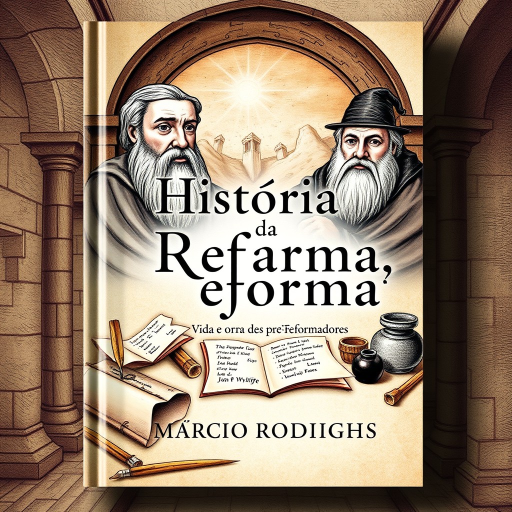 A detailed cover design for a book titled "História da Reforma: Vida e Obra dos Pré-Reformadores" by Márcio Rodrigues
