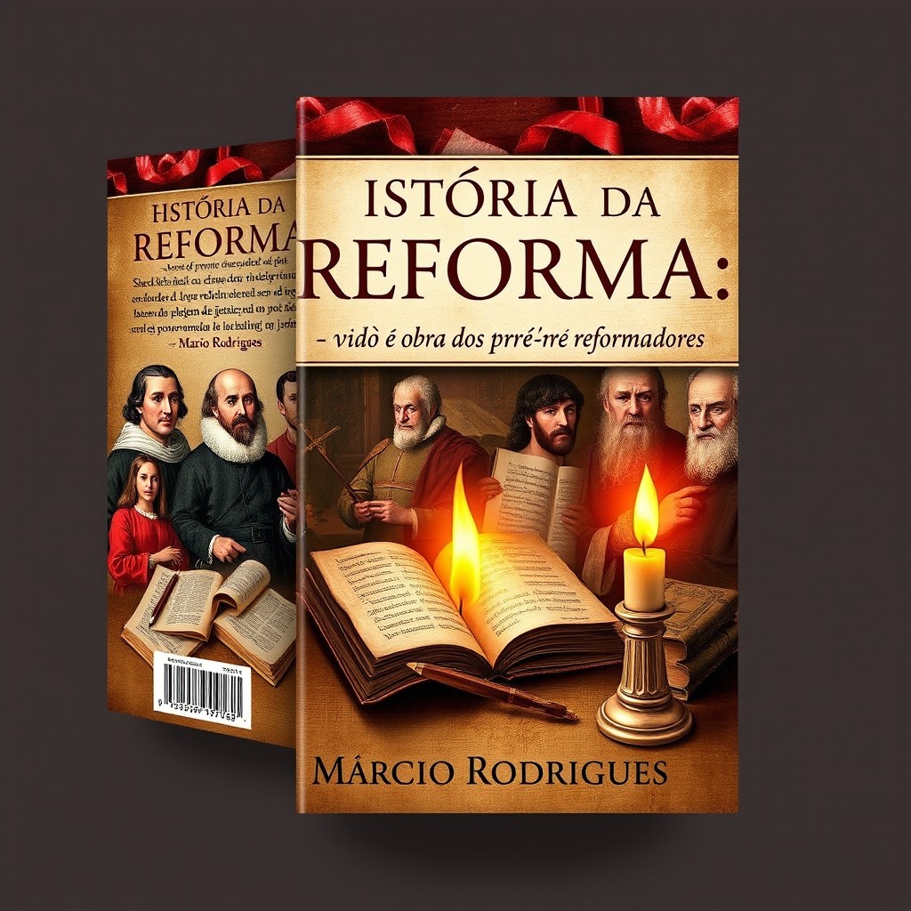 An informative and visually engaging book cover design for 'História da Reforma; Vida e Obra dos Pré-Reformadores' by Márcio Rodrigues