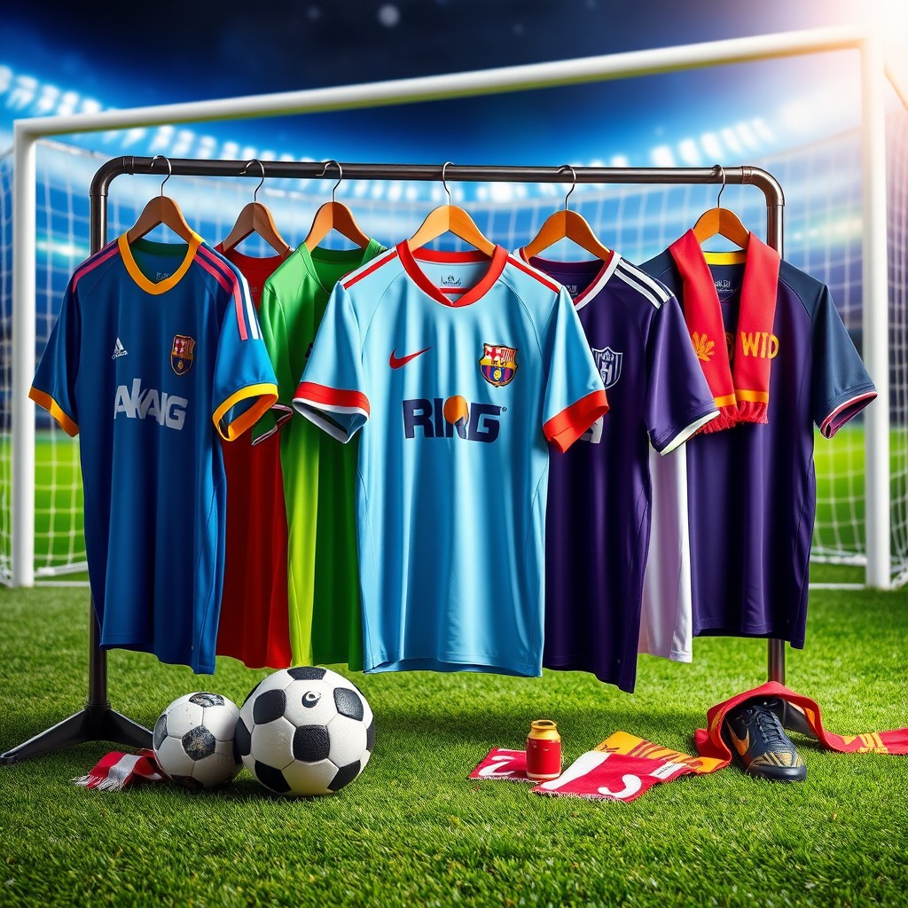 A stylish and modern layout showcasing a vibrant collection of soccer jerseys from various teams, including a striking design with colorful shirts hanging on display racks