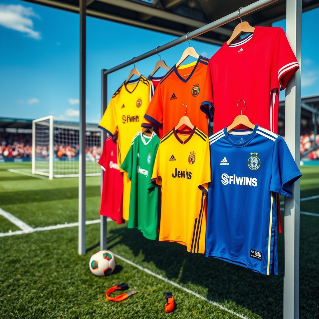 A vibrant and eye-catching Instagram post showcasing a variety of colorful soccer jerseys hung on display in a stylish modern setting