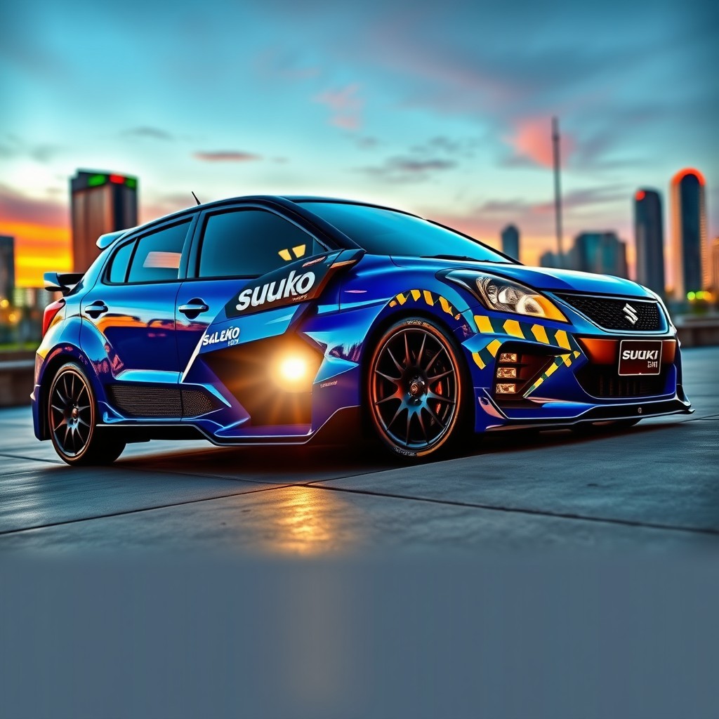 A fully modified Suzuki Baleno, showcasing an aggressive and sporty design