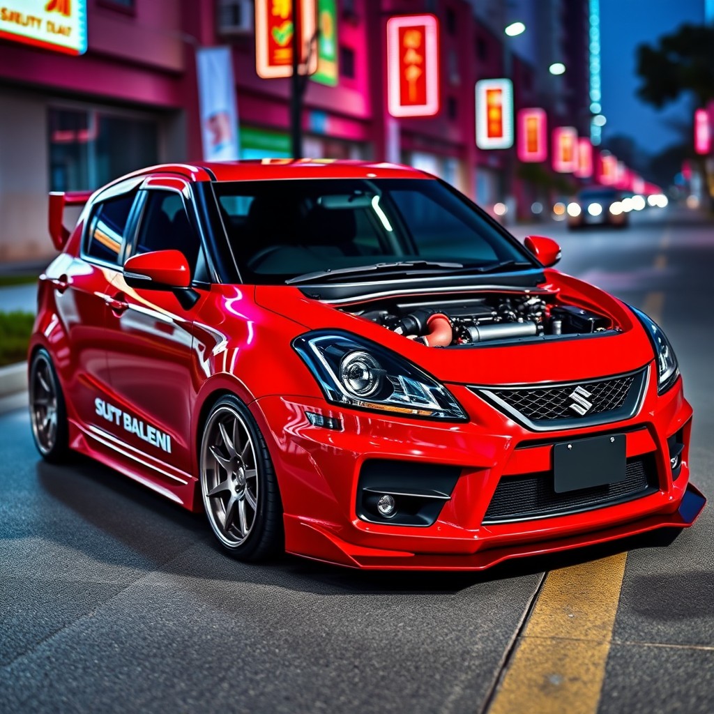 A heavily modified Suzuki Baleno, showcasing a striking, sporty appearance with a glossy red paint job