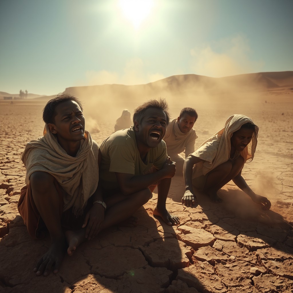 A dramatic and poignant scene set in a dry, desolate landscape, where a group of people are depicted experiencing extreme thirst