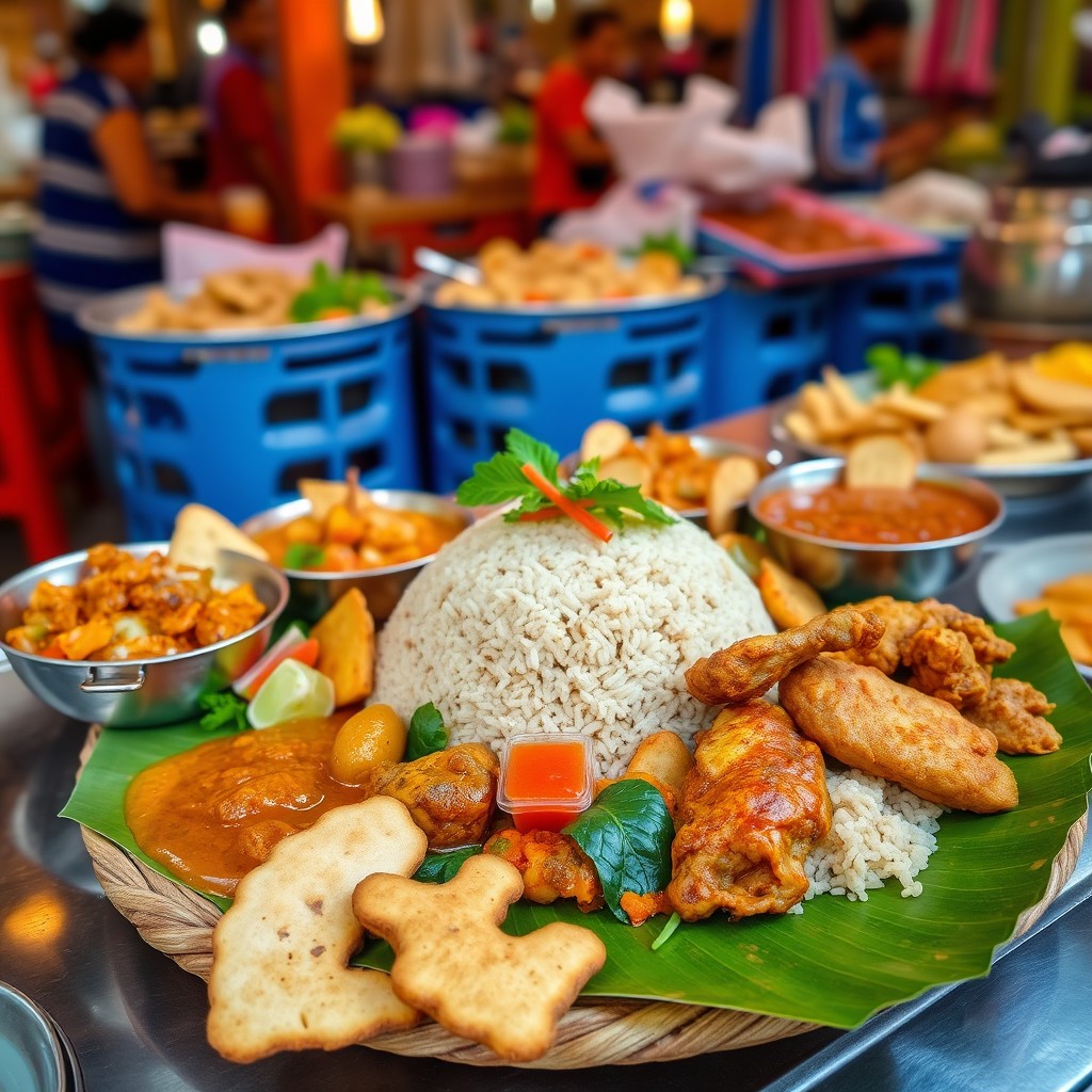 A vibrant culinary scene featuring Nasi Kandar from Perak, Malaysia, beautifully plated with fragrant rice, a variety of colorful curries like rich beef rendang, spicy fish curry, and crispy fried chicken, surrounded by fresh vegetables and sambal
