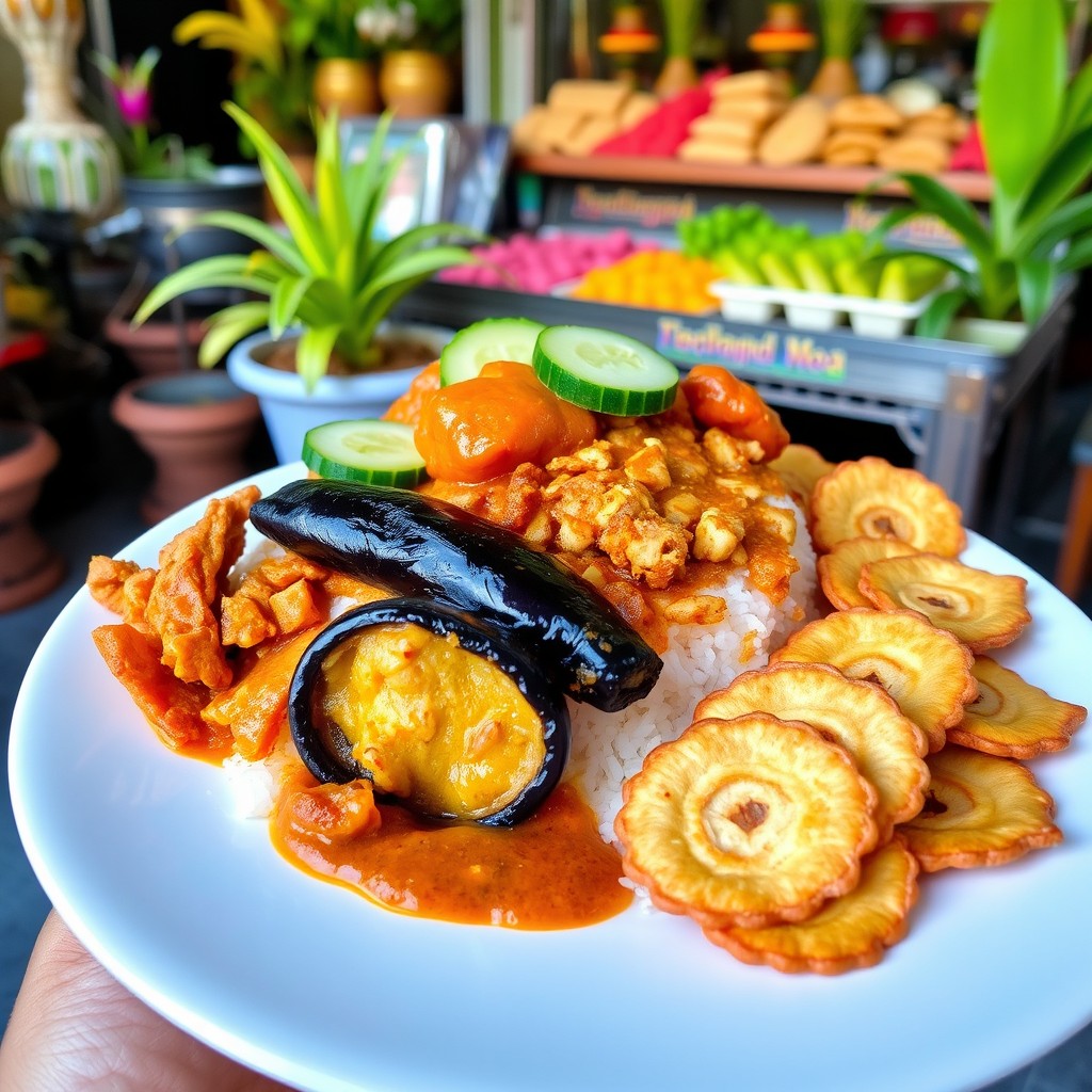 A delicious plate showcasing Nasi Kandar from Perak, Malaysia, featuring fragrant steamed rice layered with rich curries, tender fried chicken, and crispy fried eggplant, all garnished with fresh cucumber slices