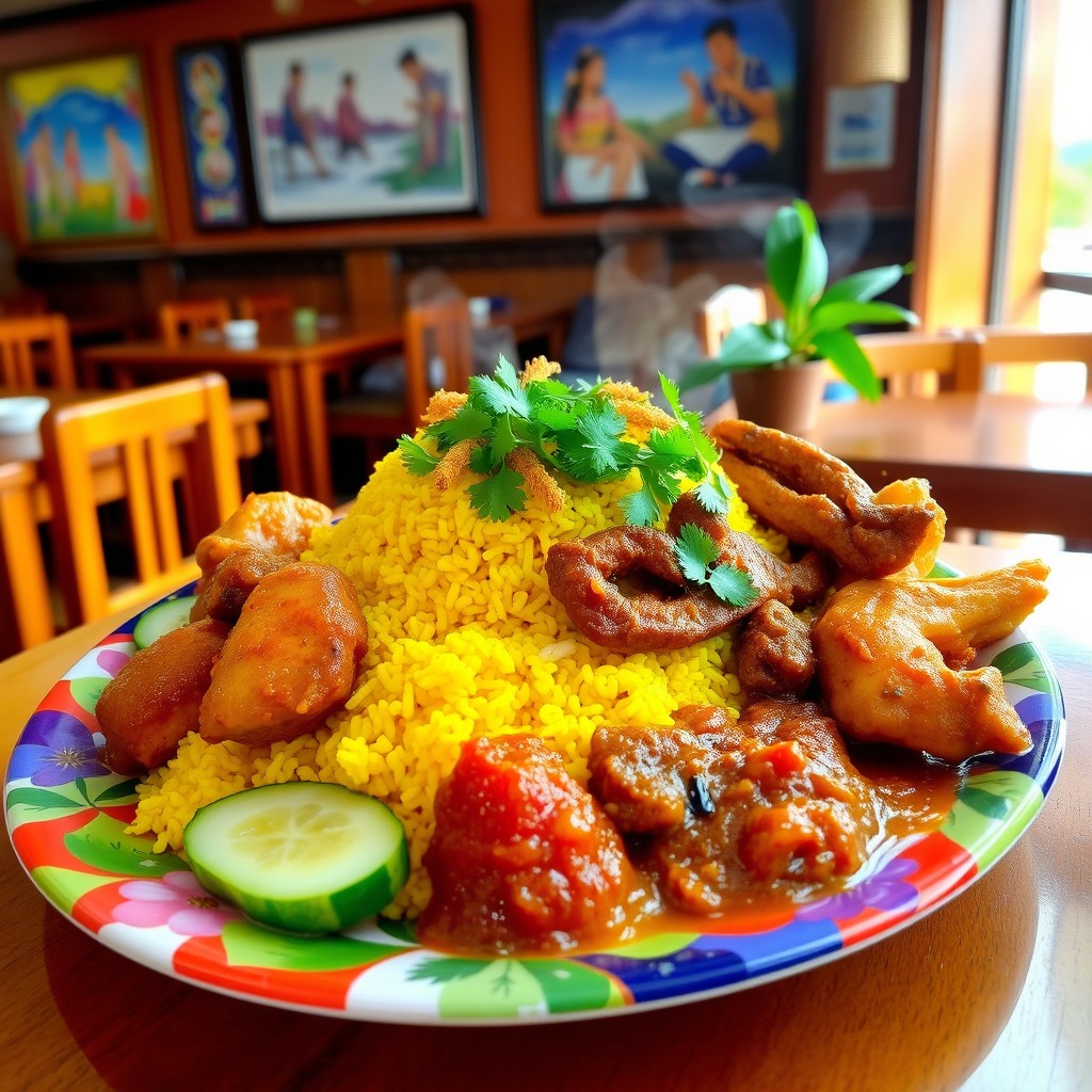A delicious fusion dish featuring Nasi Kandar from Perak, Malaysia, served on a vibrant plate