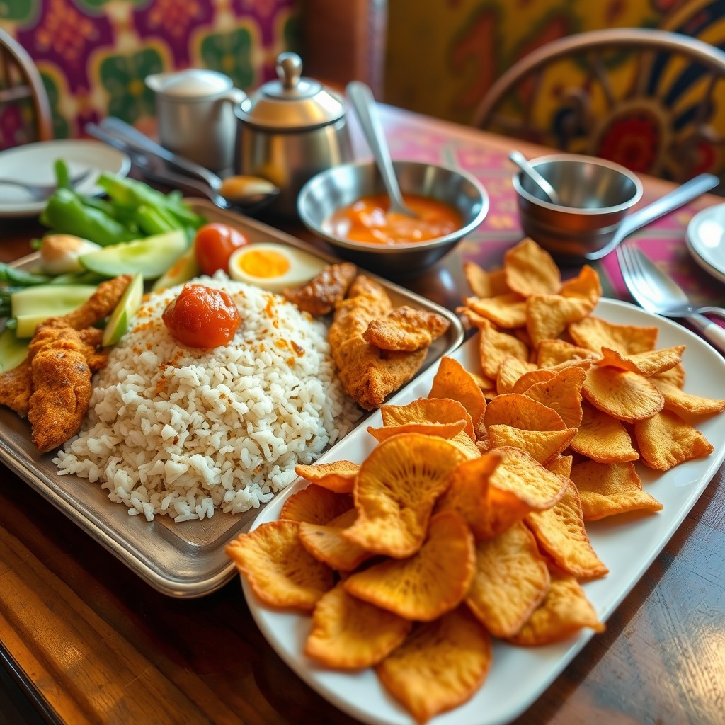 A beautiful food fusion scene showcasing Nasi Kandar from Perak, Malaysia, featuring aromatic rice served with a variety of curries, fried chicken, and side dishes like cucumber and boiled egg