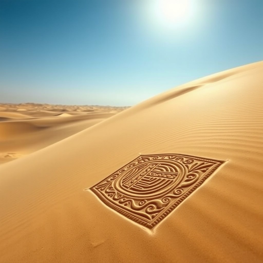 A serene scene set in the Iraqi desert, showcasing the tranquil beauty of an expansive sandy landscape under a bright blue sky