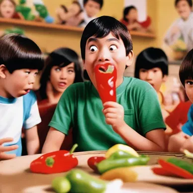 In the movie, the character bravely eats a whole hot pepper, which leads to a hilarious reaction from his friends.
