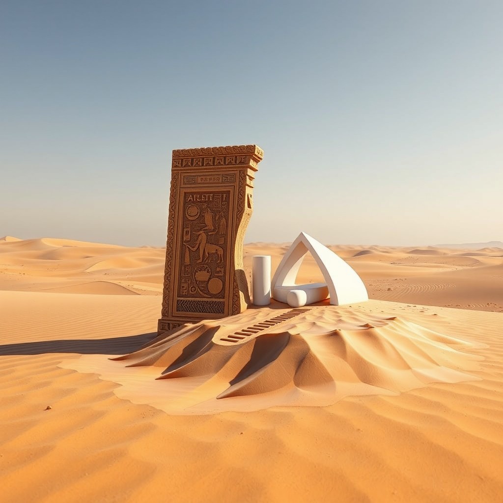 A dynamic scene in the Iraqi desert where a Babylonian engraving is slowly melting, transforming into a stunning 3D design that symbolizes modern architecture