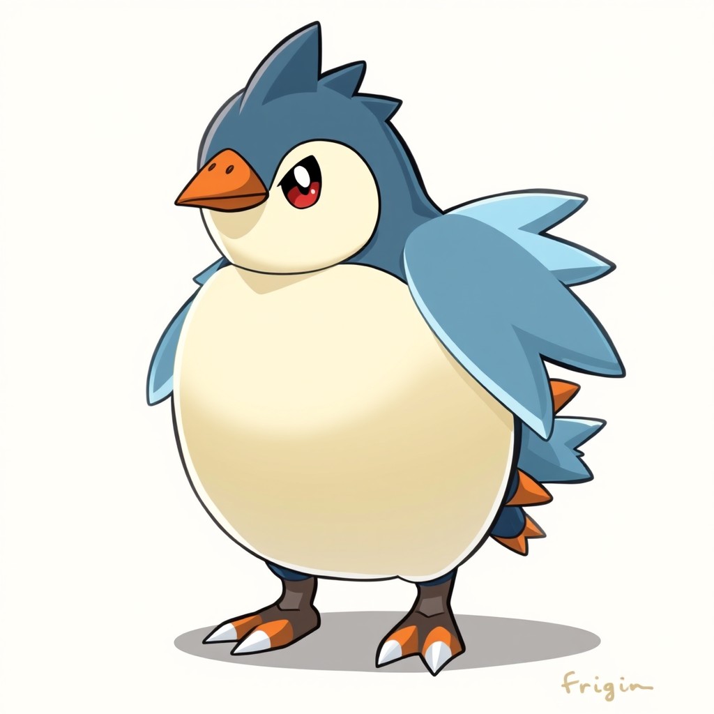 Design a fakemon named Frigguin, a baby stage Water/Ice creature inspired by a penguin chick and icebird hybrid