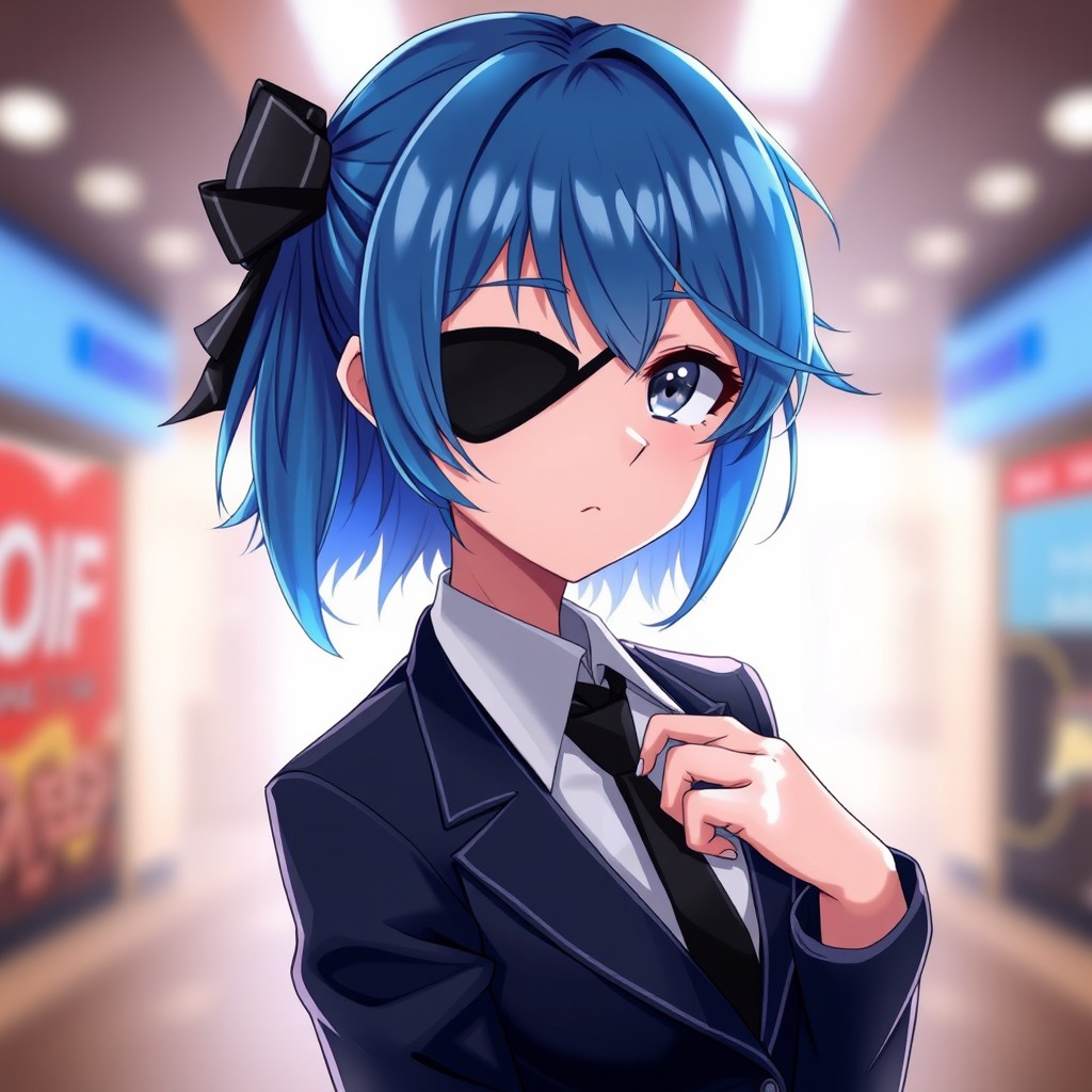 An anime girl wearing a stylish suit, featuring a distinctive left eye patch that adds to her mysterious aura