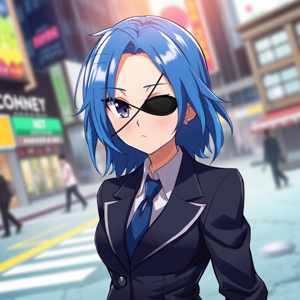An anime girl with vibrant blue hair styled in a unique fashion, wearing a tailored suit that conveys sophistication and confidence