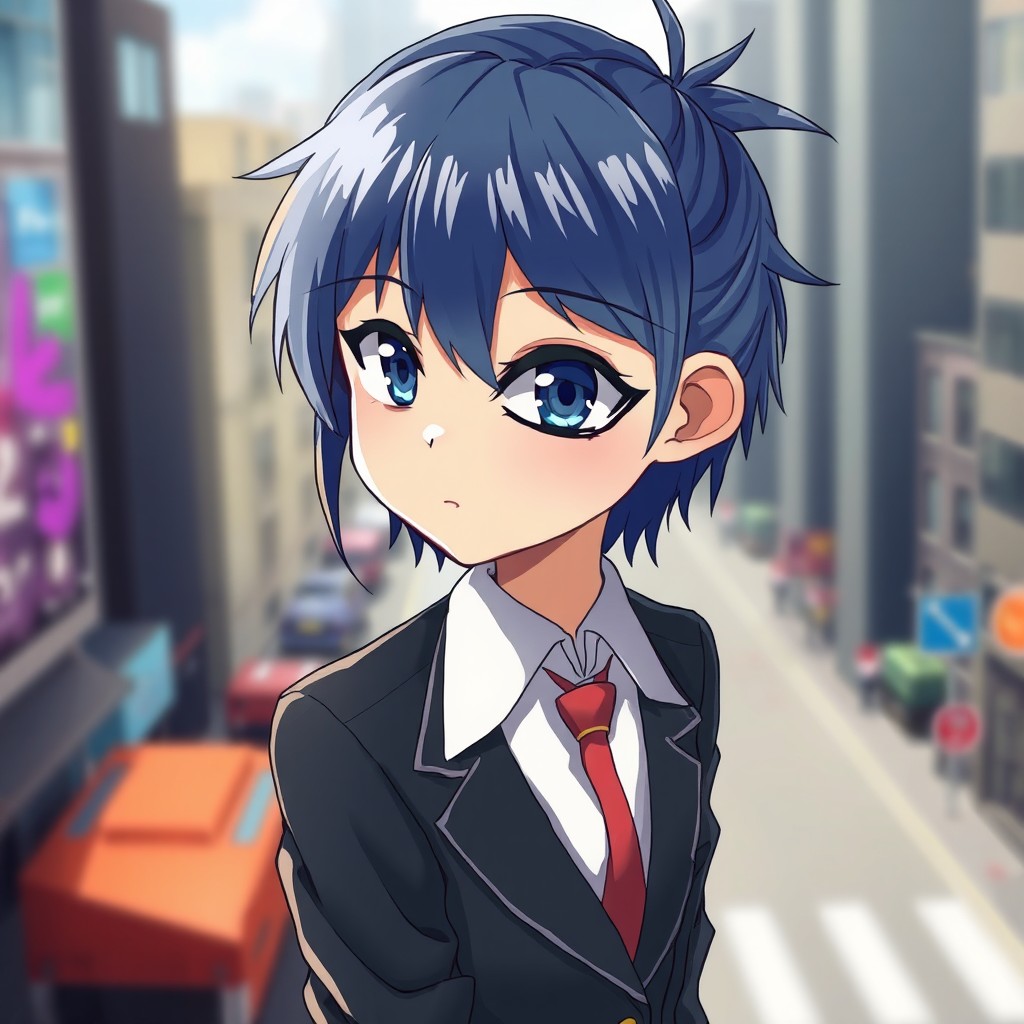 A young anime girl wearing a stylish suit, looking confidently at the camera