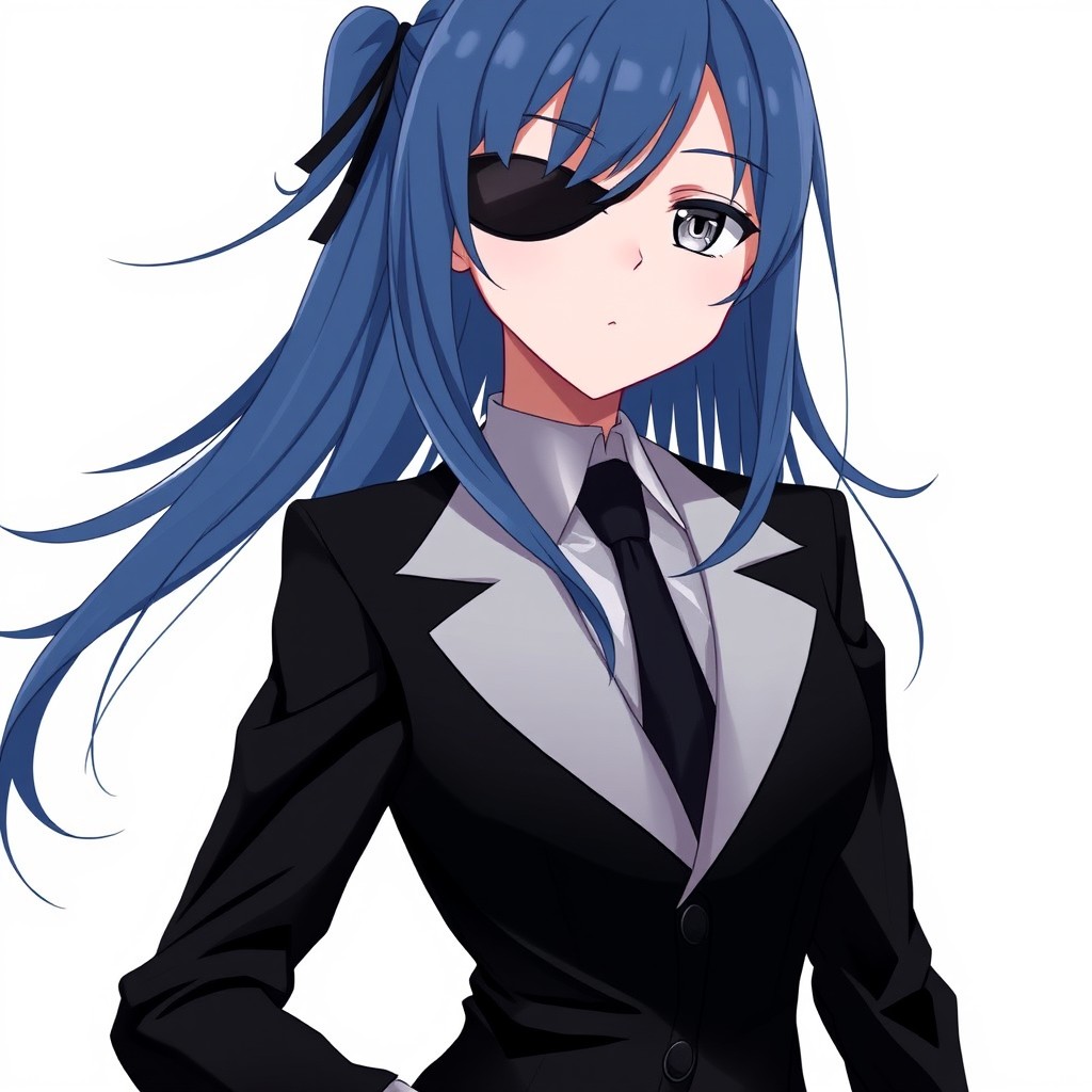 An anime girl in a sleek black suit that exudes sophistication and confidence, featuring a bold left eye patch that enhances her enigmatic presence