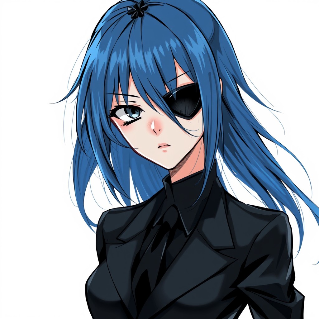 A manga girl depicted in a sleek black suit, radiating an air of sophistication and intensity
