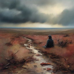 A profound interpretation of despair and hope. Depict a desolate landscape gradually transforming into a vibrant, life-affirming scene, signifying the transition from despair to hope.