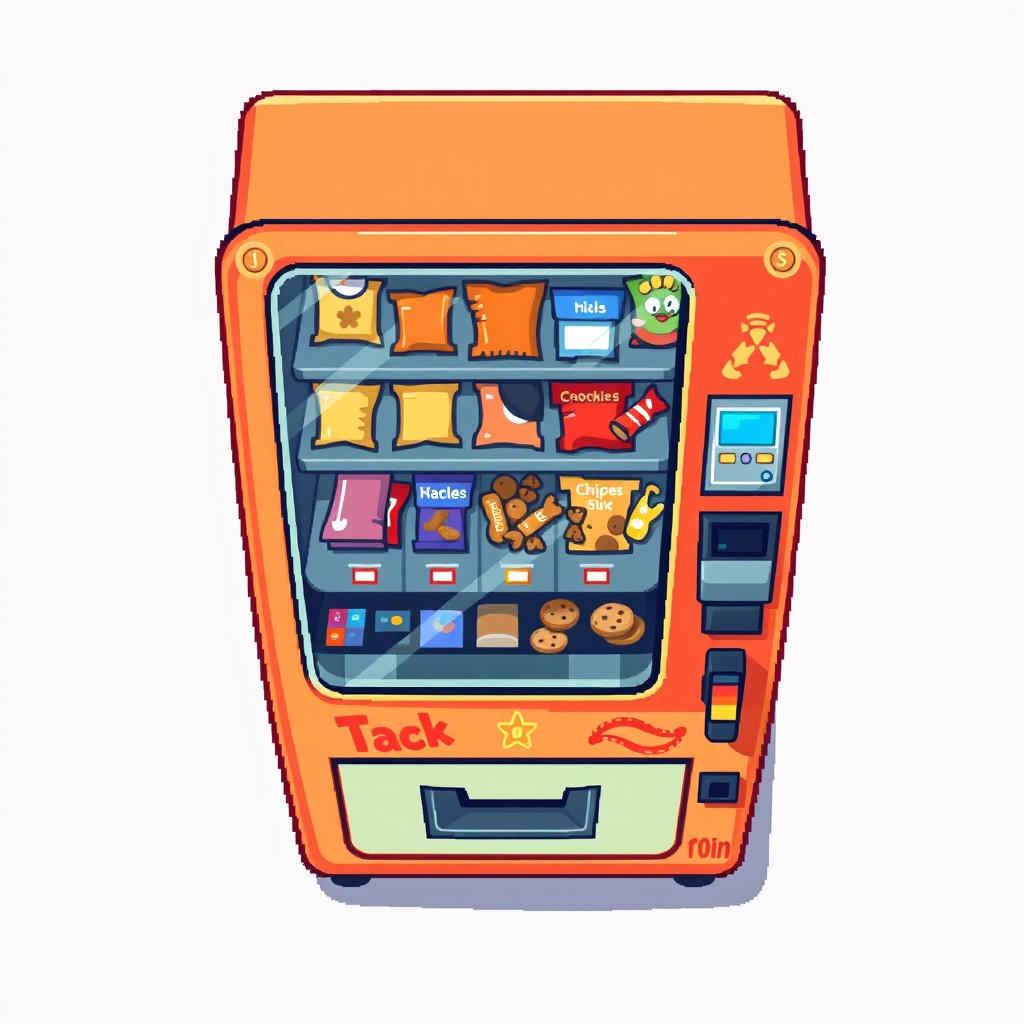 A pixel art top-down view of a retro snack vending machine designed in a colorful, cartoon style