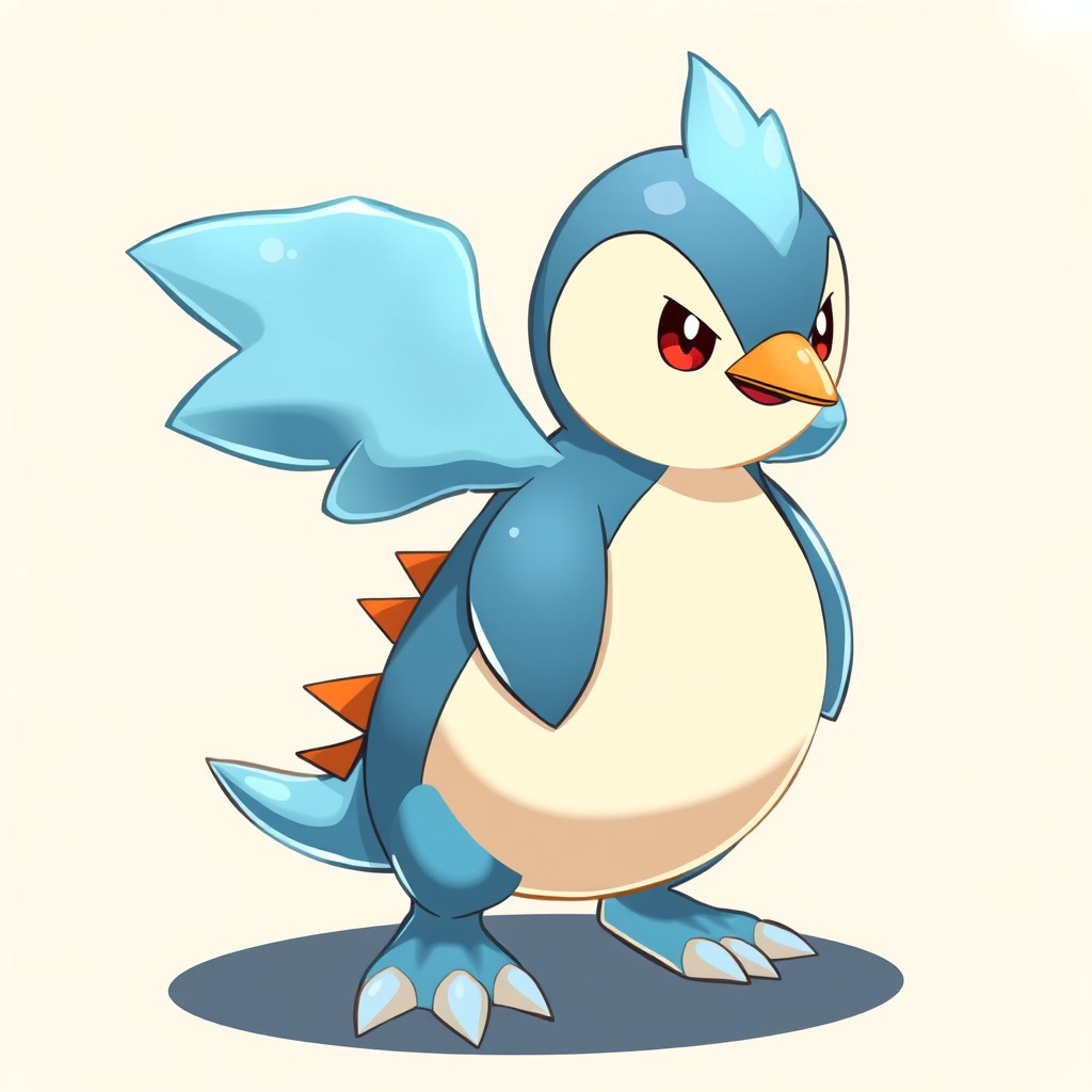 Design a fakemon named Frigguin, a baby stage Water/Ice creature inspired by a penguin chick and icebird hybrid