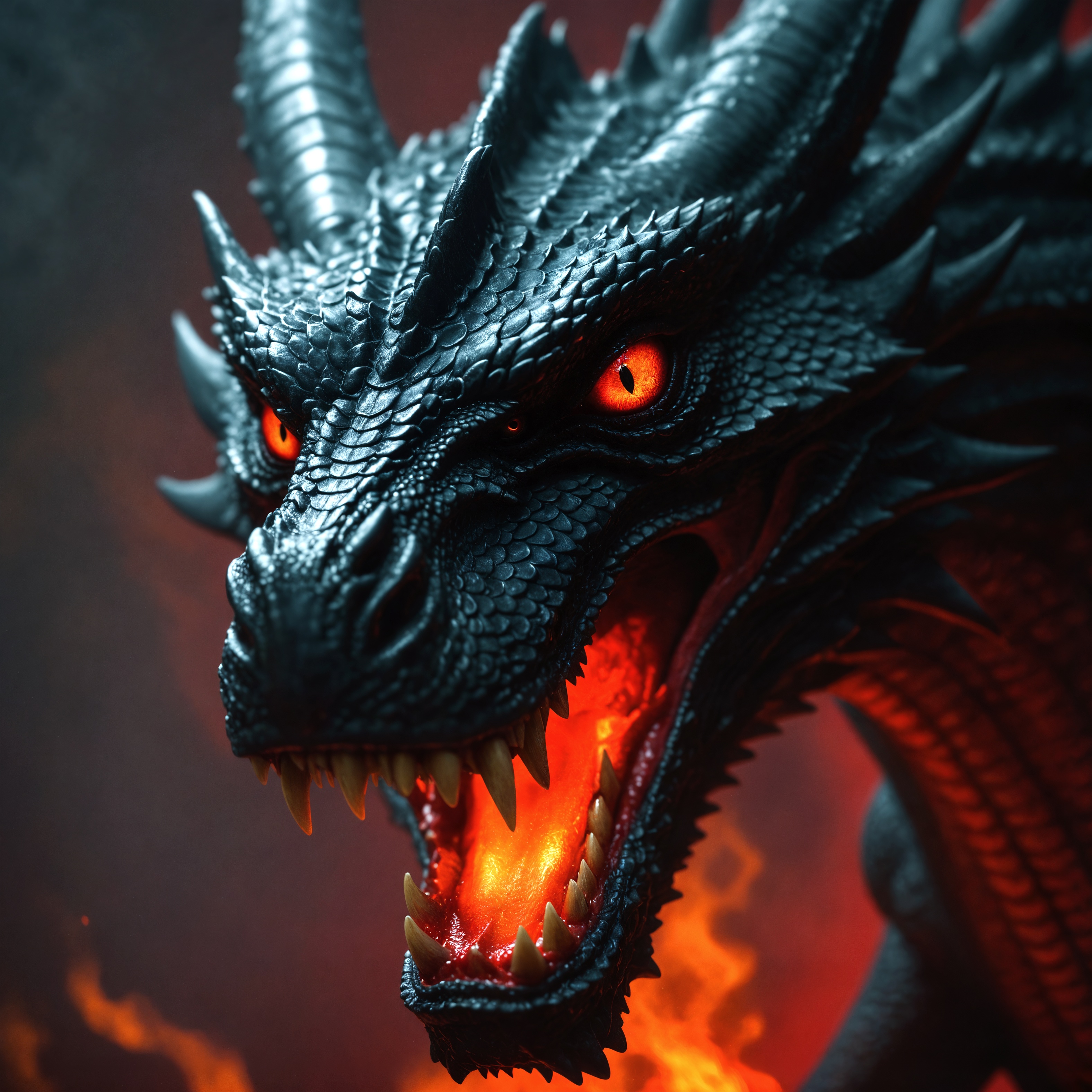 Fierce Black Dragon Close-Up: A Fiery Showcase of Power and Majesty