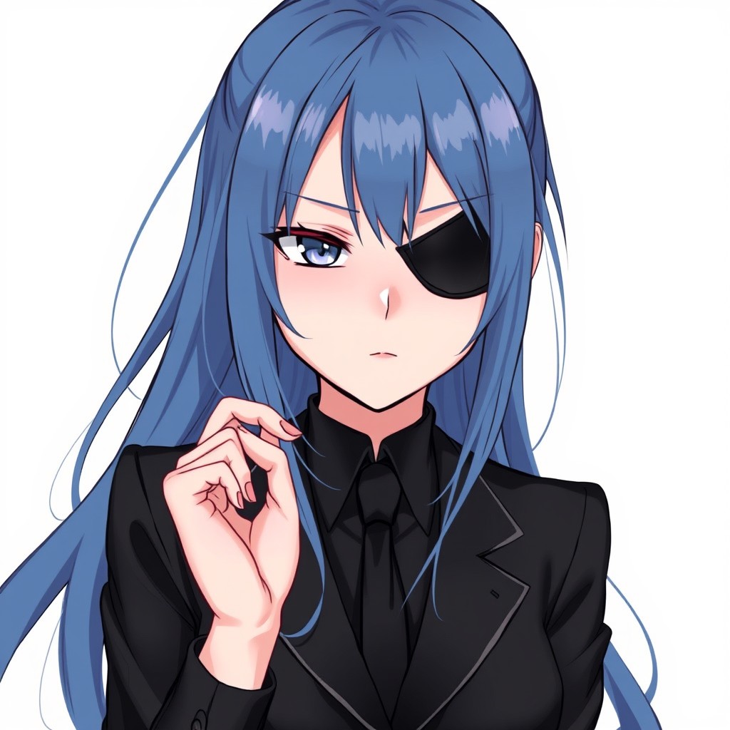 A manga girl exuding elegance in a sleek black suit, complemented by a striking left eye patch that enhances her mysterious persona