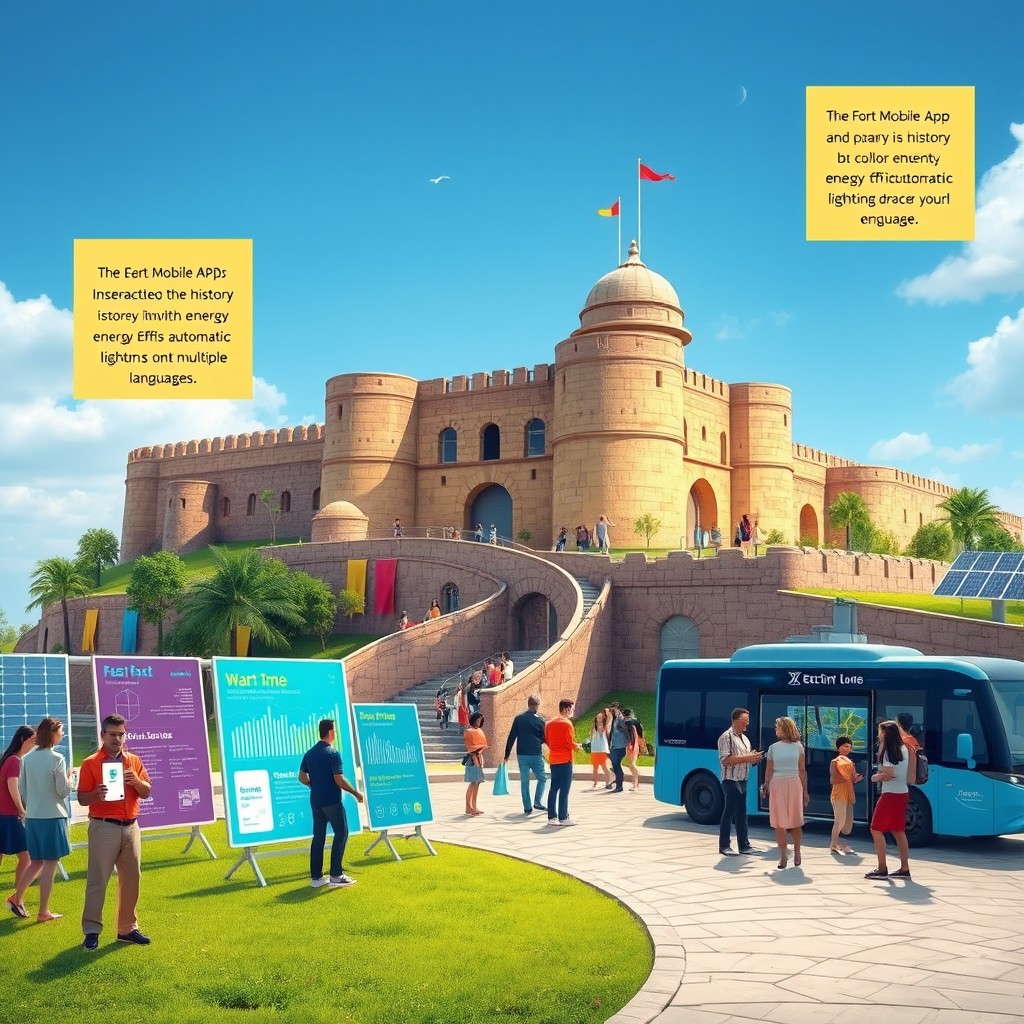 A vibrant and futuristic digital illustration of the Gall Fort, transformed into a smart tourist destination
