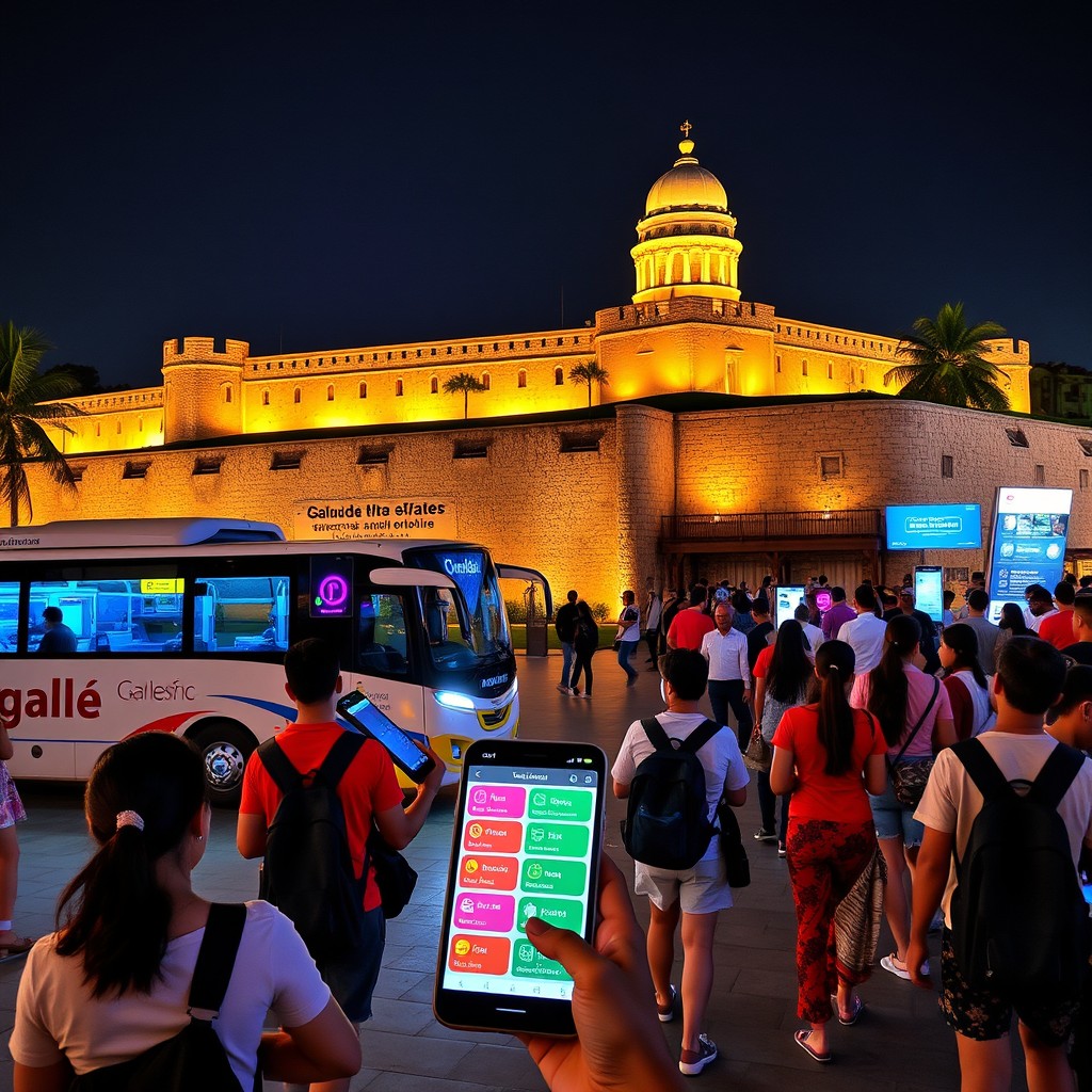 A vibrant, futuristic scene of Galle Fort transformed into a smart tourist destination