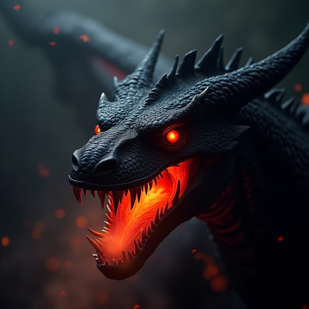 An extreme close-up of a black dragon, depicted in a darker atmosphere enhancing the intensity of the scene