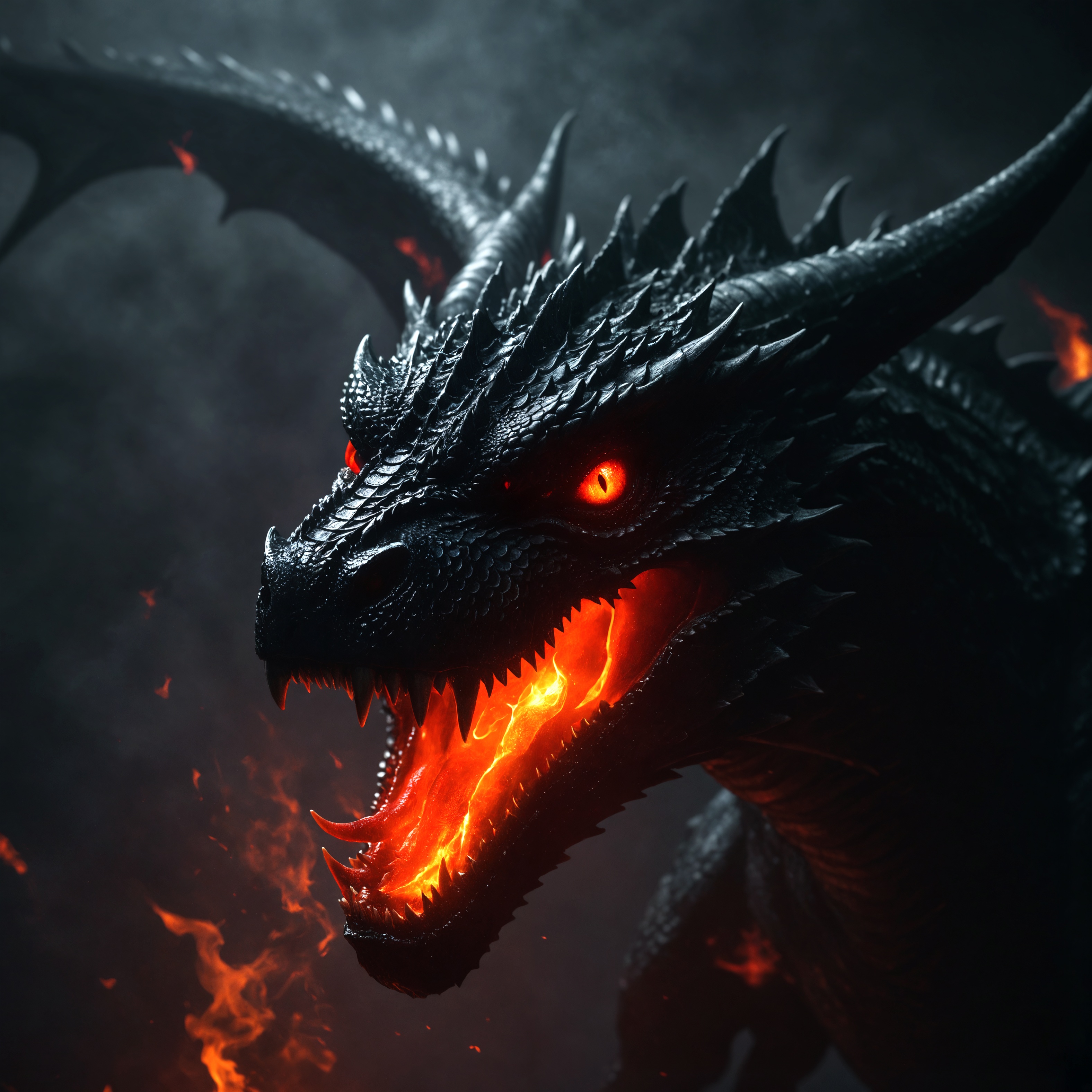 Fierce Black Dragon Close-Up: A Fiery Showcase of Power and Majesty