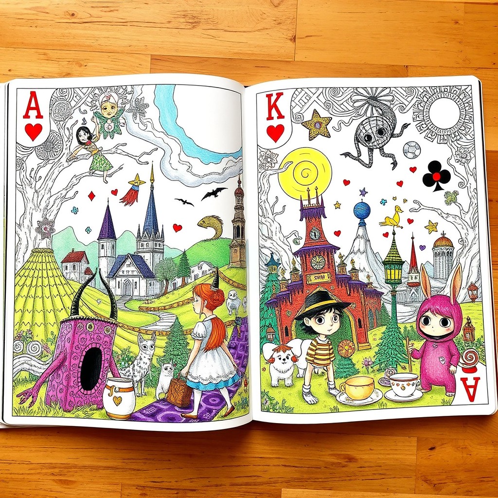 A coloring book inspired by 'Alice in Borderland' and 'The Strange Case of Jack' featuring whimsical and surreal illustrations