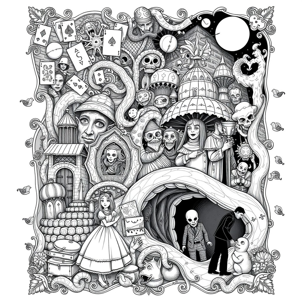 A coloring book inspired by 'Alice in Borderland' and 'The Strange Case of Jack', featuring intricate line art illustrations across 30 pages