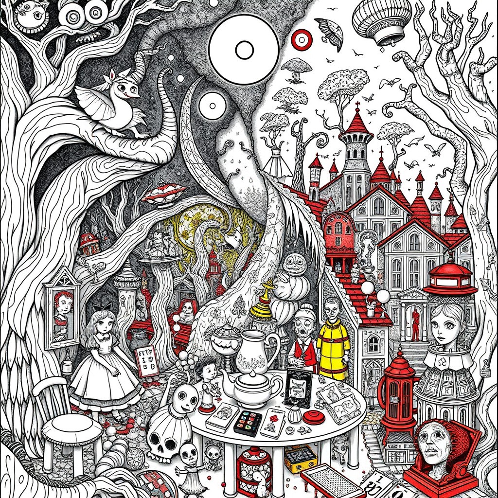 A coloring book inspired by the whimsical yet dark themes of 'Alice in Borderland' and the surreal elements of 'The Strange Case of Jack'