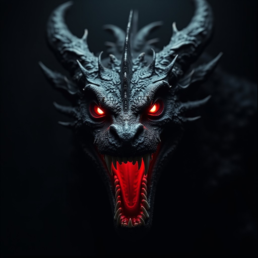 An extreme close-up of a black dragon's head, depicted in a very dark atmosphere, almost pitch black background, enhancing the menace and intensity of the scene
