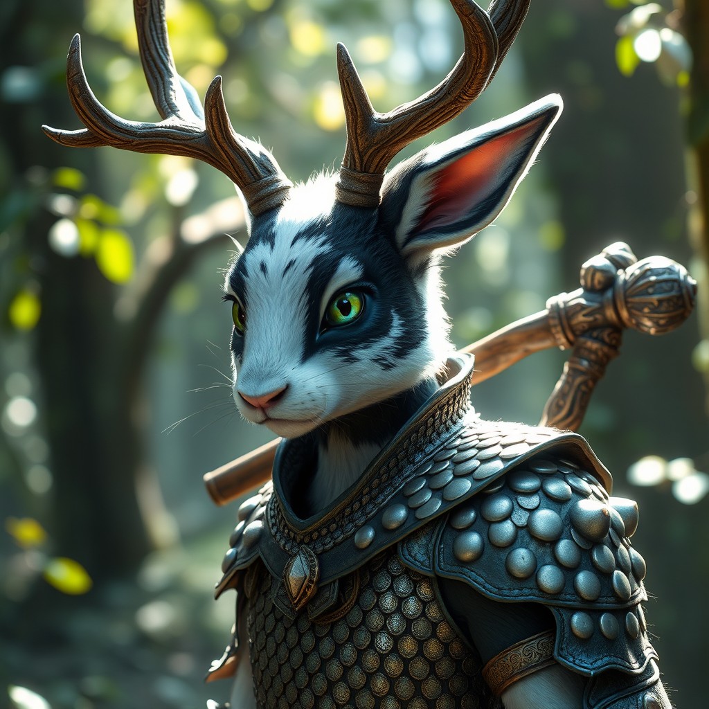 A fantastical humanoid creature with a rabbit face, featuring black and white fur