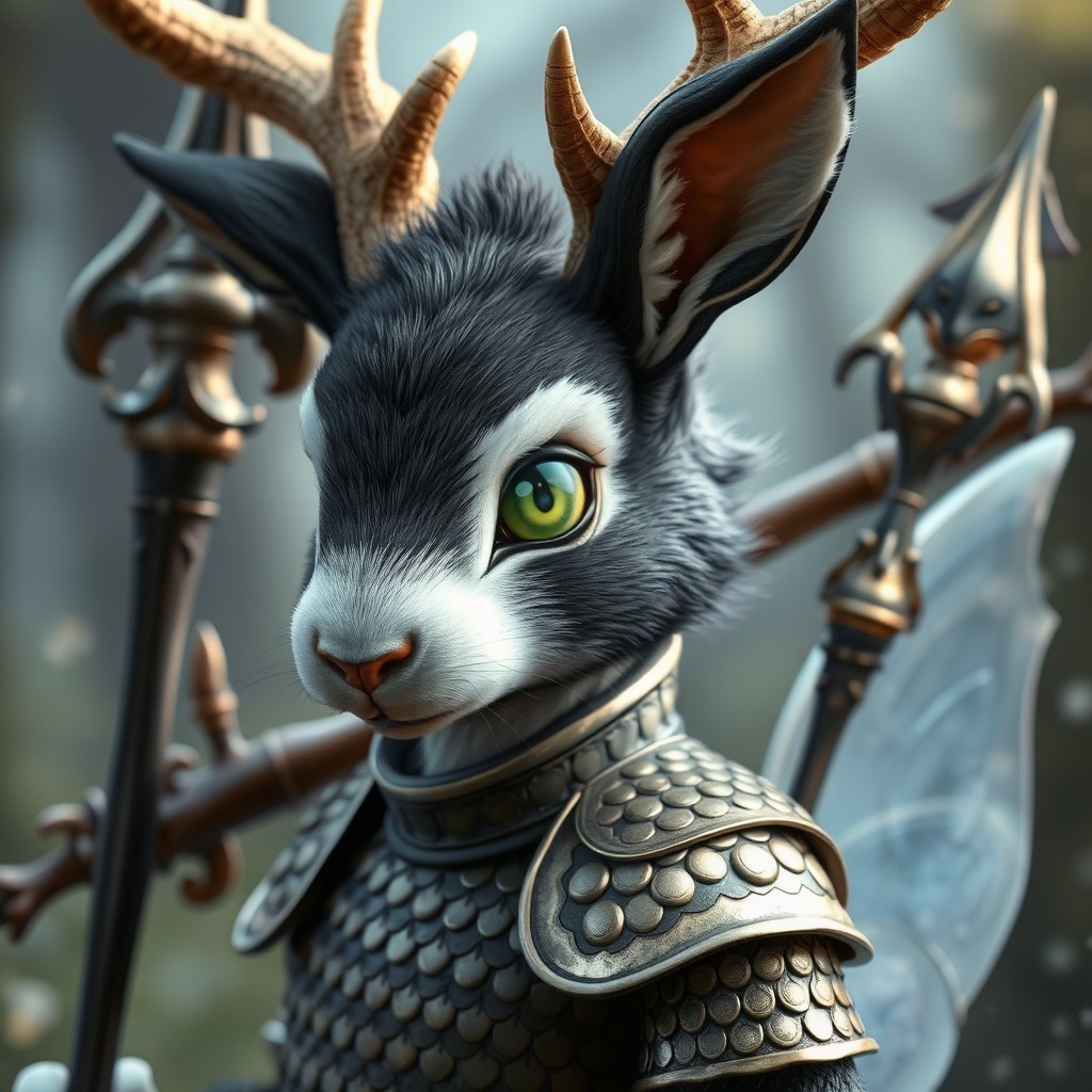 A humanoid figure with a rabbit face featuring black and white fur