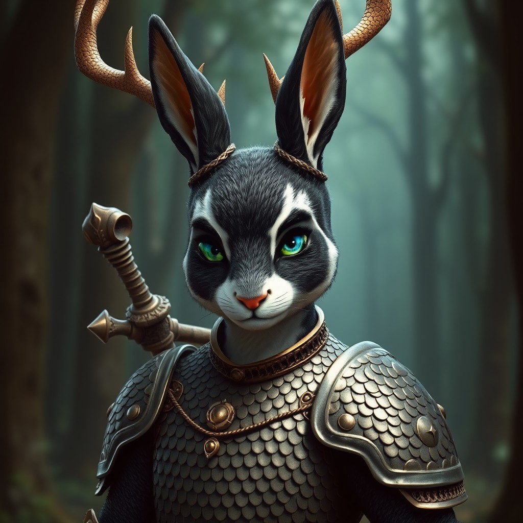 A humanoid figure with a rabbit-like face, featuring striking black and white fur