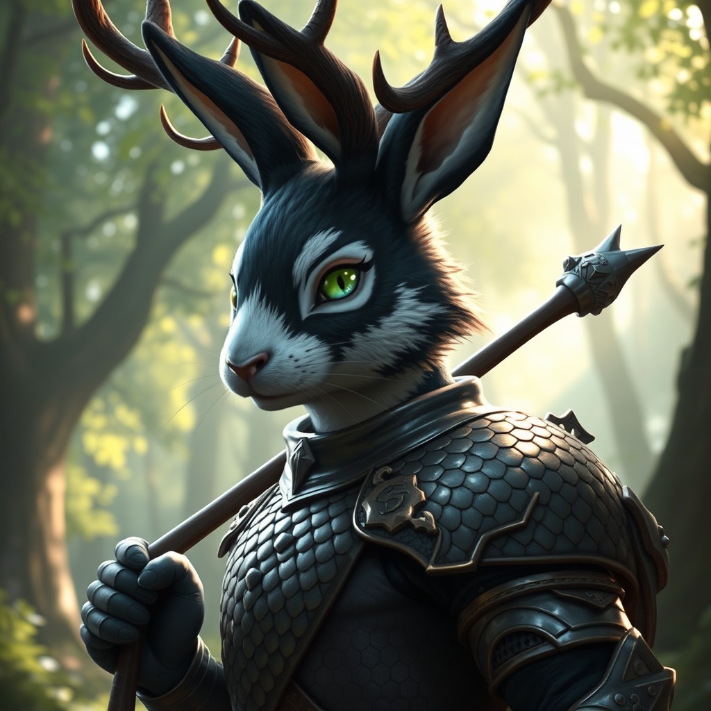 A fantasy humanoid character featuring a rabbit face with black and white fur