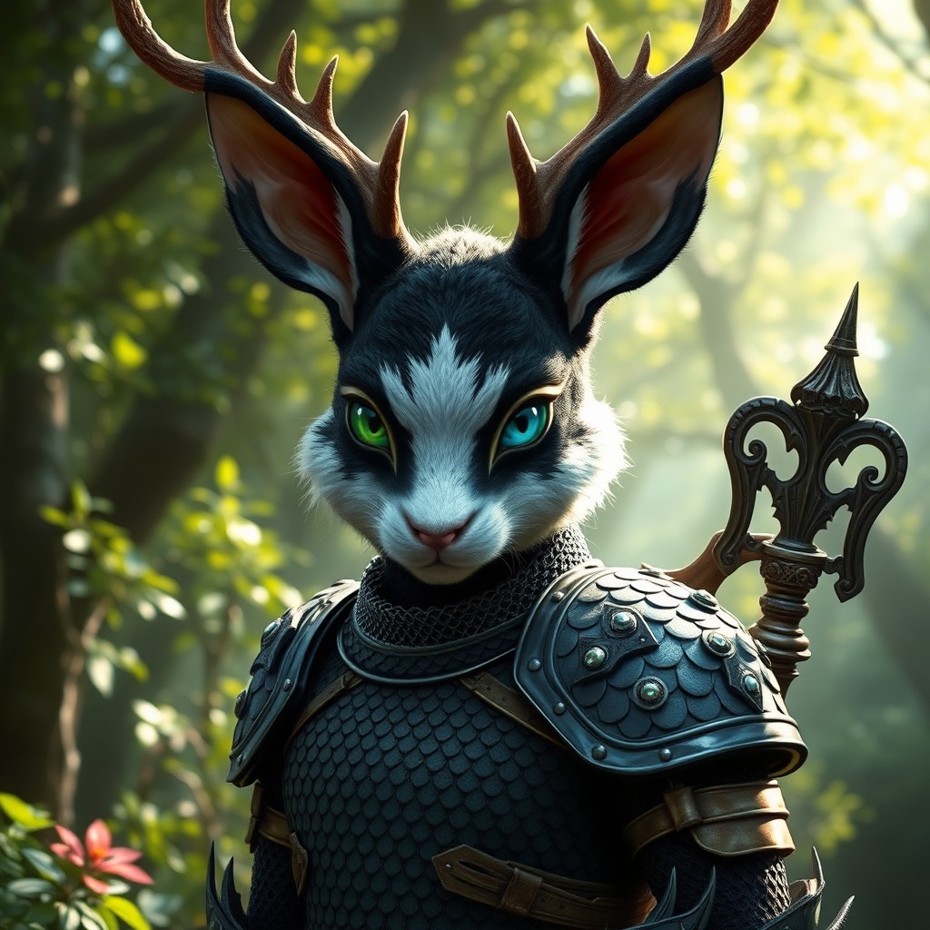 A humanoid creature with a rabbit-like face characterized by a luxurious coat of black and white fur