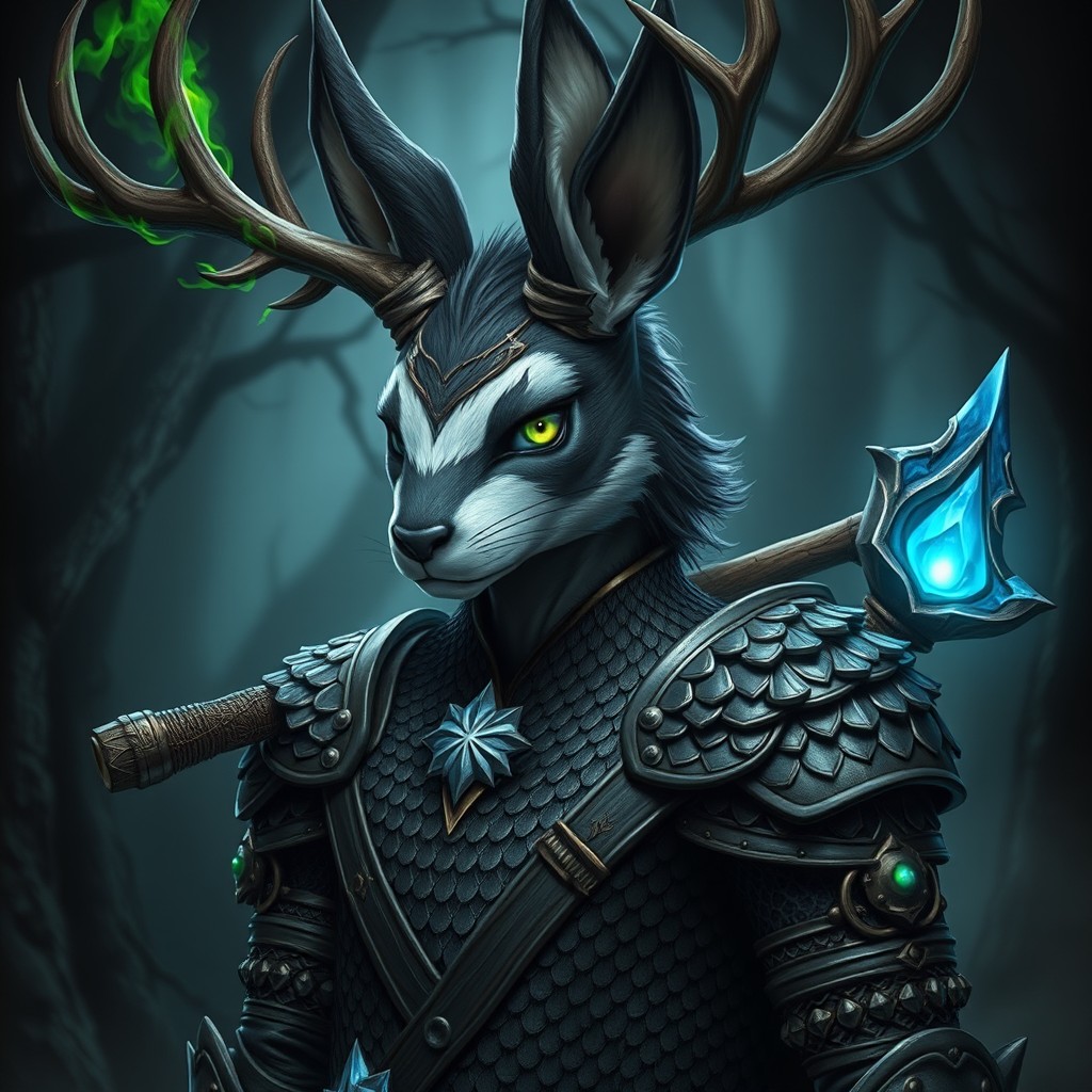 A male humanoid character with a rabbit-like face, showcasing exquisite black and white fur