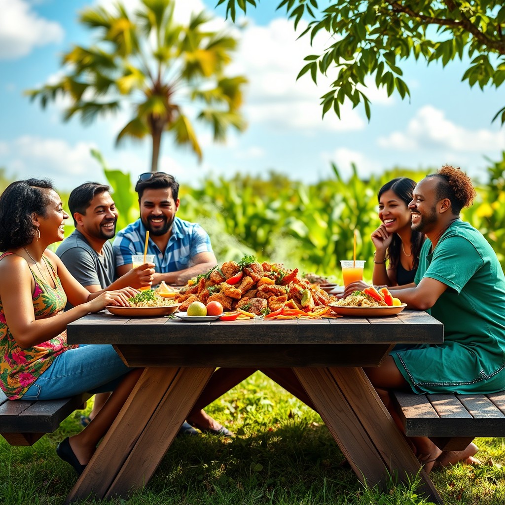 A vibrant and colorful scene depicting a group of five friends gathered around a picnic table, joyfully enjoying a delicious traditional Dominican dish called locrio de salchichón