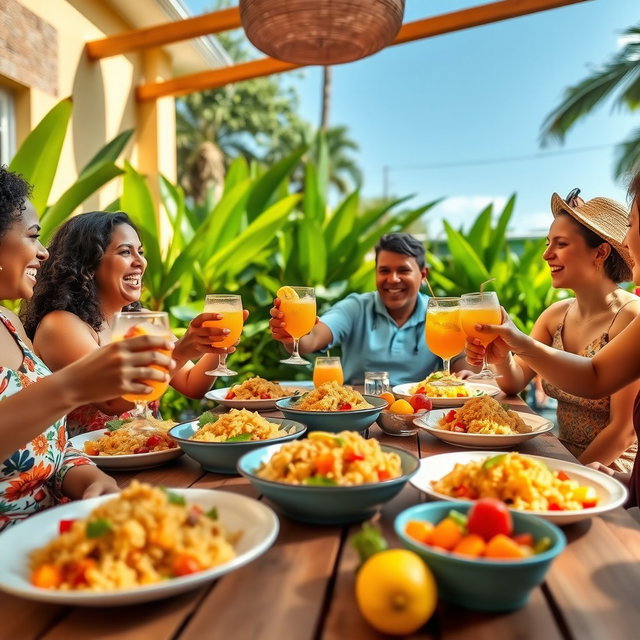 A vibrant and colorful outdoor gathering featuring five friends enjoying a delicious meal of locrio de saldina, a traditional Dominican rice dish cooked with salted fish, herbs, and vegetables