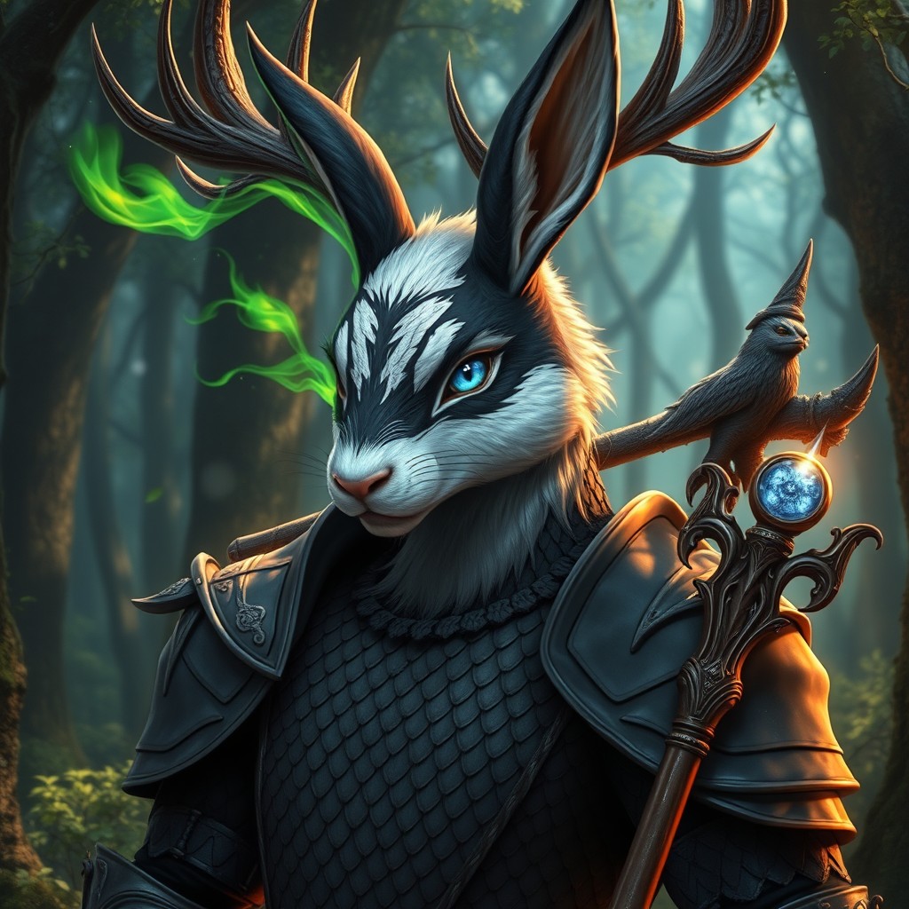 A male humanoid character with a rabbit-like face, displaying striking black and white fur